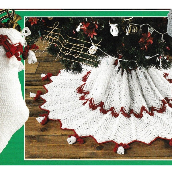 Vintage Crochet Bell Tree Skirt and Stocking Set