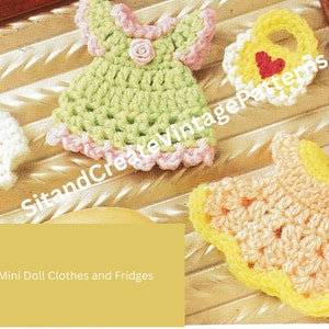 May include: A set of crocheted doll clothes, including a green dress with pink trim, a white dress, a peach dress with yellow trim, and a yellow purse with a red heart.