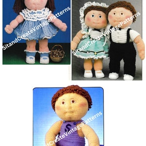 May include: Crochet doll patterns for three dolls. The first doll is a girl with brown hair wearing a blue dress. The second doll is a girl with brown hair wearing a green dress and a white bonnet. The third doll is a boy with brown hair wearing a white shirt and black trousers.