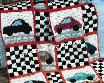 Manta de ganchillo vintage con forma de coche de carreras