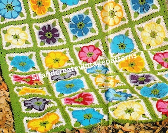 Vintage Crochet Flower Granny Square Afghan
