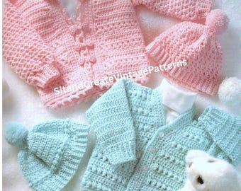 Conjunto de abrigo y gorro de crochet vintage para bebé