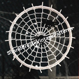 Könnte beinhalten: Weißes gehäkeltes Spinnennetz mit zwei schwarzen Spinnen, die übereinander im Zentrum des Netzes sitzen.