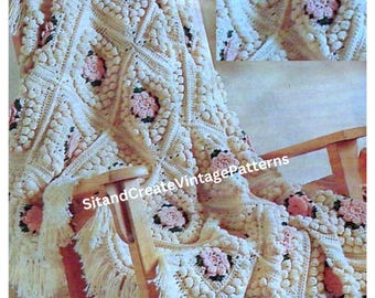 Vintage Crochet Rose Popcorn Afghan