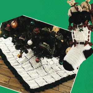 Vintage Crochet Pine Tree Stocking and Tree Skirt