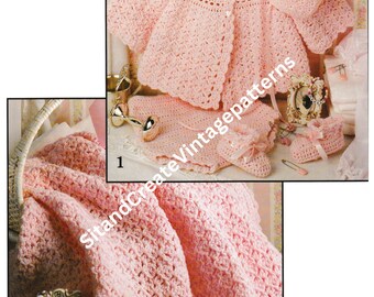 Conjunto de canastilla rosa bebé de ganchillo vintage