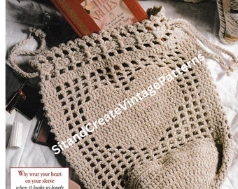 May include: A beige crocheted drawstring bag with a book inside. The bag is made with a simple mesh pattern and has a heartstring design. The text "HEARTSTRING BAG" is at the top of the image. The text "Why wear your heart on your sleeve when it looks so lovely on this drawstring tote? The simple mesh pattern is stitched holding two strands of sport weight cotton yarn, so you can create the sentimental bag in no time!" is at the bottom of the image.