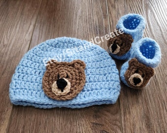 Baby Boy Bear Hat and Booties Crochet Pattern