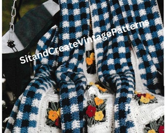 Vintage  Crochet Gingham Garden Afghan