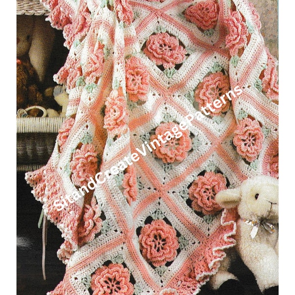 Vintage Crochet Baby Ruffle and Roses Blanket instant download