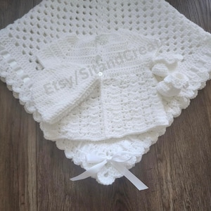 Crochet Christening Hat,Booties,Sweater and Blanket Set