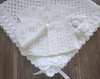 Crochet Christening Hat,Booties,Sweater and Blanket Set