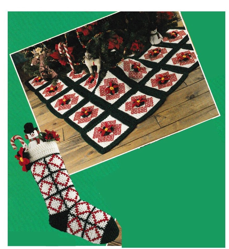 Vintage Christmas Crochet Patterns for Decorating and Gifting 20 Vintage Crochet Poinsettia Tree Skirt and Stocking