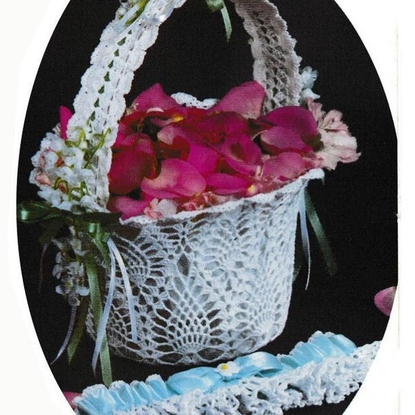 Vintage Crochet Flower Girl Basket and Bridal Garter