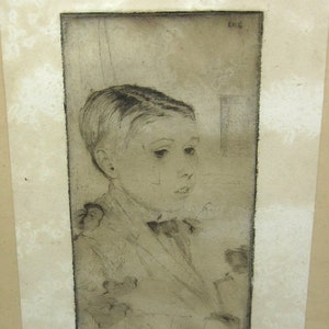 Antik svensk torrnålsetning av Axel Fridell "Sjuk pojke". Porträtt av konstnärens brorson 1916. Ingår i Moderna Konstmuseets samling, Stockholm.