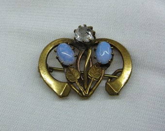 Delicate antique Art Nouveau / Edwardian small brass flower brooch Opalite glass cabochons Tiny floral pin Horseshoe? Swedish? Scandinavian?