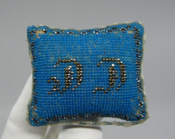 Antique 1800s turquoise blue Sweetheart pin cushion Seed bead embroidery Gothic initials DD (?) Double headed eagle 19th century beadwork