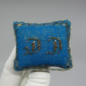 Antique 1800s turquoise blue Sweetheart pin cushion Seed bead embroidery Gothic initials DD (?) Double headed eagle 19th century beadwork