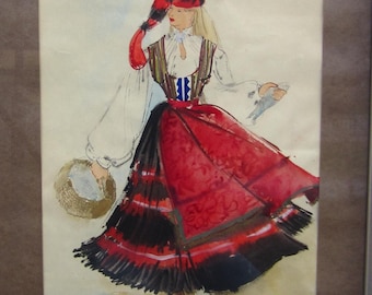 May include: A framed watercolor painting of a woman wearing a red and black dress with a white blouse and a black hat. The woman is holding a basket in her left hand and is smiling. The painting is signed "Deutch 1969" in the bottom right corner.