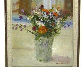 Peinture à l'huile originale suédoise vintage Fleurs d'été nordiques dans un vase Signé O Lindström 46 Tableau floral moderniste Art scandinave Suède