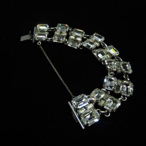 Vintage American very small wrist sparkly cuff bracelet 1950s 1960s Double row Clear rhinestones Safety chain Joseph Wiesner or Weiss style