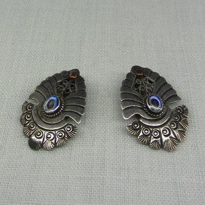A pair of vintage exotic style silver clip on earrings with abalone cabochons / &quot;eyes&quot; Mid century design ? Mysterious jewelry gift for her
