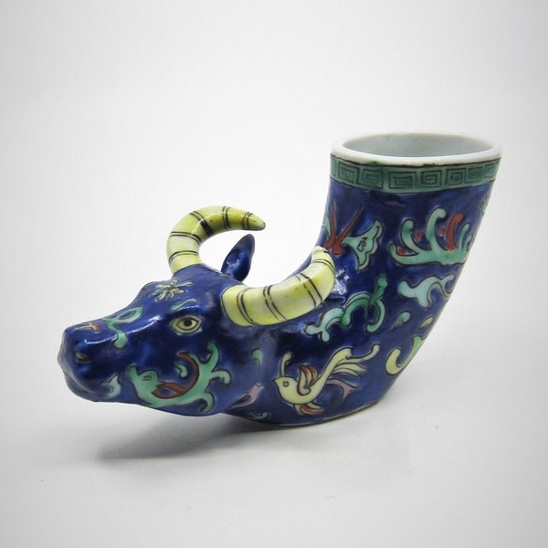 Vintage Chinese (?) dark blue porcelain rhyton / buffalo shaped cup Asian decoration Oriental animal ornament Bull head vase Gift for Taurus