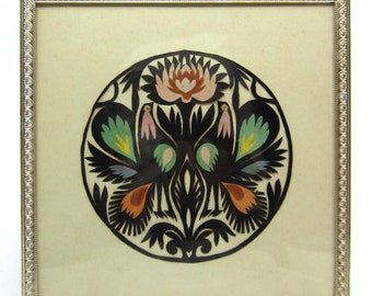 Vintage Polish Wycinanki framed paper cutting Two Birds & a Flower Small folk art picture Collectible desk or wall decor Ethnic gift Poland