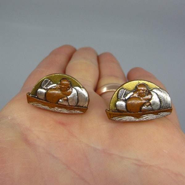 Japanese cufflinks with Budai / Hotei figure Made of menuki sword decorations? Meiji style Asian collectible accessory Oriental gift for him