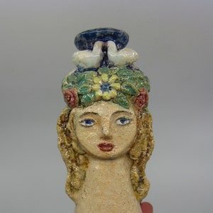 Vintage hand crafted ceramic sculpture / candle holder Girl with two faces and Doves on her head Venus / Nature Goddess? Studio pottery gift