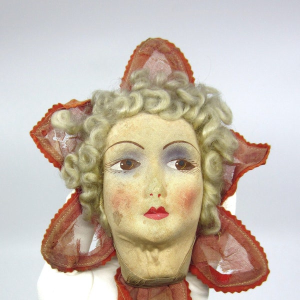 Bizarre antique decoration made of French boudoir doll head & red "petals" / star Decadent wall decor Brown eyes Curly hair Old and unique