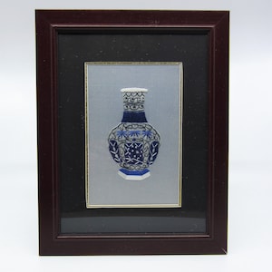 Elegant vintage silk embroidery depicting a blue and white Chinese porcelain vase Embroidered picture Oriental wall decor Novelty Asian gift