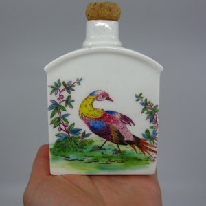 Vintage or antique English New Chelsea Staffordshire hand painted porcelain tea caddy / bottle Bird Butterfly Flower decor 1700s style gift