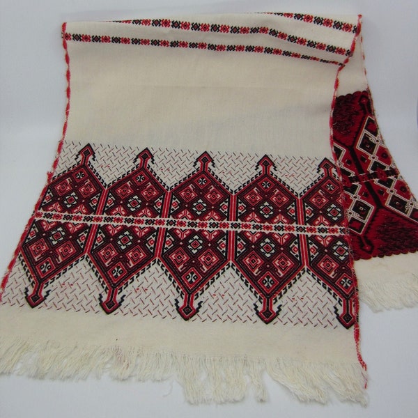 Vintage Cretan woven embroidered towel / decorative cloth Traditional symbolic pattern Ethnic textile ornament Folk art gift White Red Black