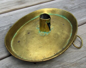 Antique Swedish oval brass candle holder / stand with ring 1800s 1700s Charming primitive design Nordic wall decor Rustic style gift Sweden