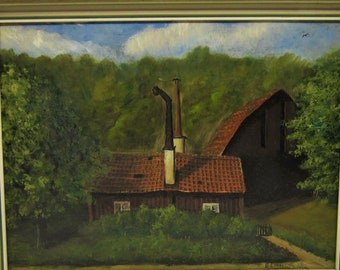 Vintage original oil painting Old Swedish farm in the woods Signed B. Lindström 1934 Scandinavian landscape Charming Nordic picture Sweden