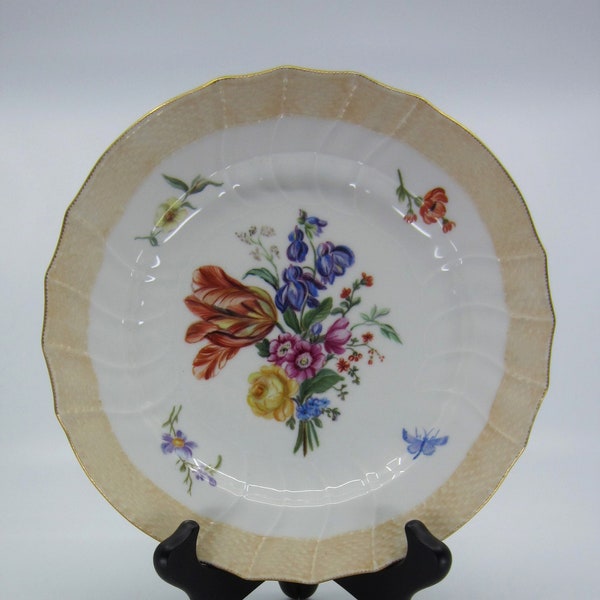 Antique German Royal Berlin porcelain cabinet plate hand painted in 1917 Floral decor with a butterfly in Meissen style Sceptre mark Germany