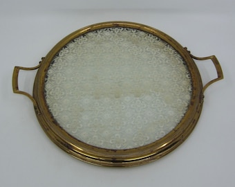 Vintage Victorian style round brass, glass & lace centerpiece / tray / plateau Charming dressing table ornament Elegant antique style accent