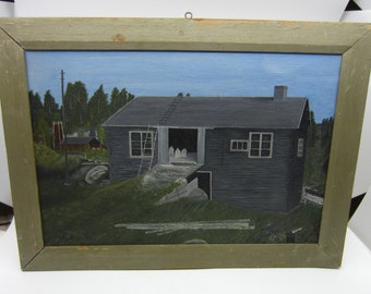 Vintage Swedish Oil painting depicting Old water mill Signed Scandinavian art 1940s Rural scene Härjedalen Sweden Nordic life Social history