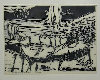 Vintage Swedish Sune Skote linocut print VÄRLDSBILD (picture / view of the world) Scandinavian abstract picture Non figurative graphic art