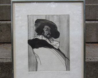 Vintage French Claude Weisbuch original engraving / etching Portrait of Man wearing a hat 1990s / 2000s? Signed in pencil Black & white art