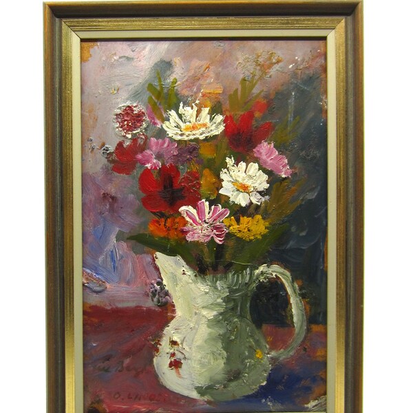 Vintage Swedish small original oil painting Summer flowers in a jug Signed O. Lindström Impressionist floral picture Scandinavian art Sweden