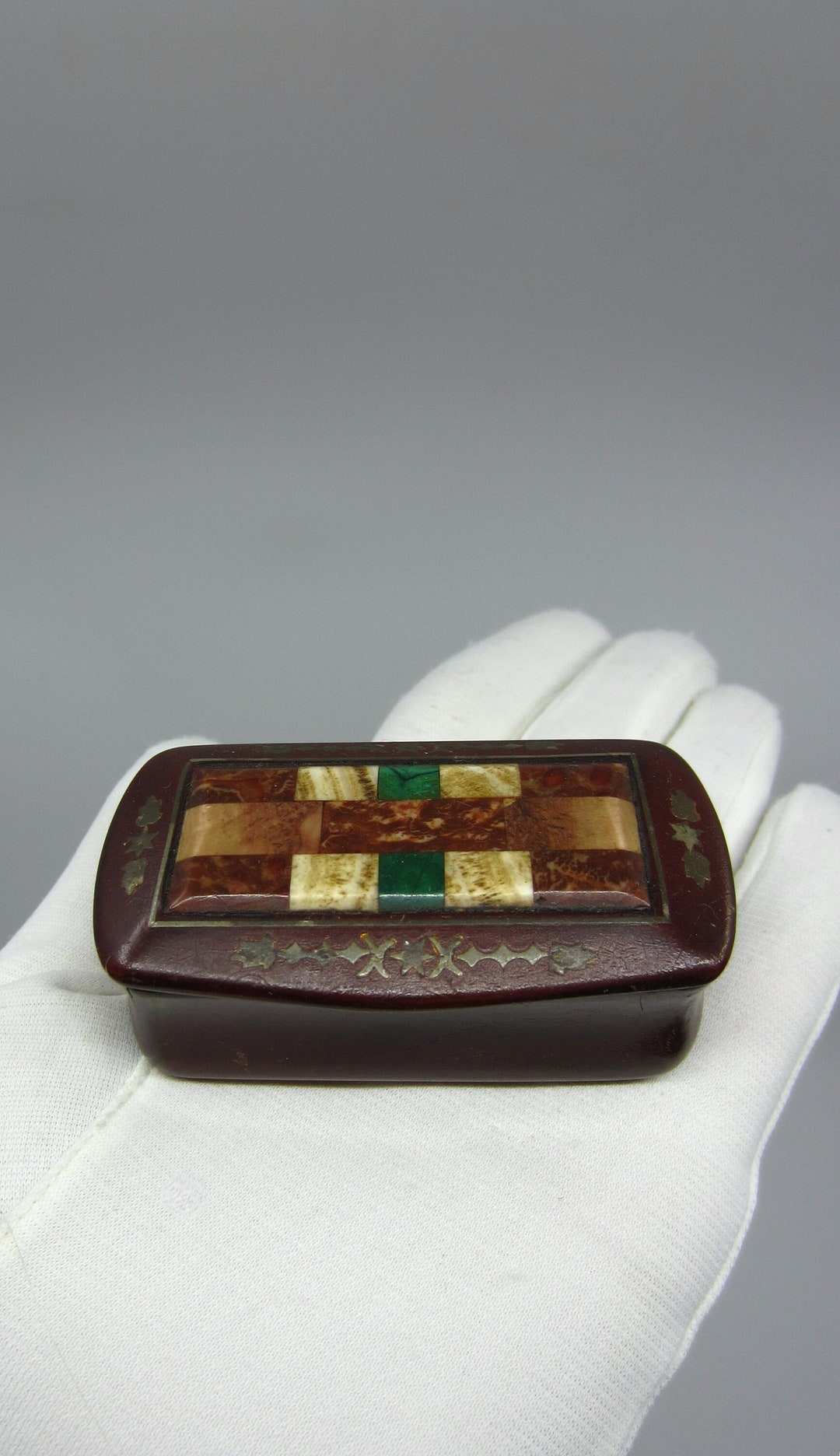 Antique Tiny Lacquered Wood Snuff Box Pietra Dura Stone Decor & Metal ...