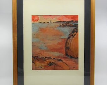 Vintage Swedish large watercolor painting Sunset at sea Signed Hallberg 1972 Seascape Scandinavian marine art Nordic nature inspired Sweden