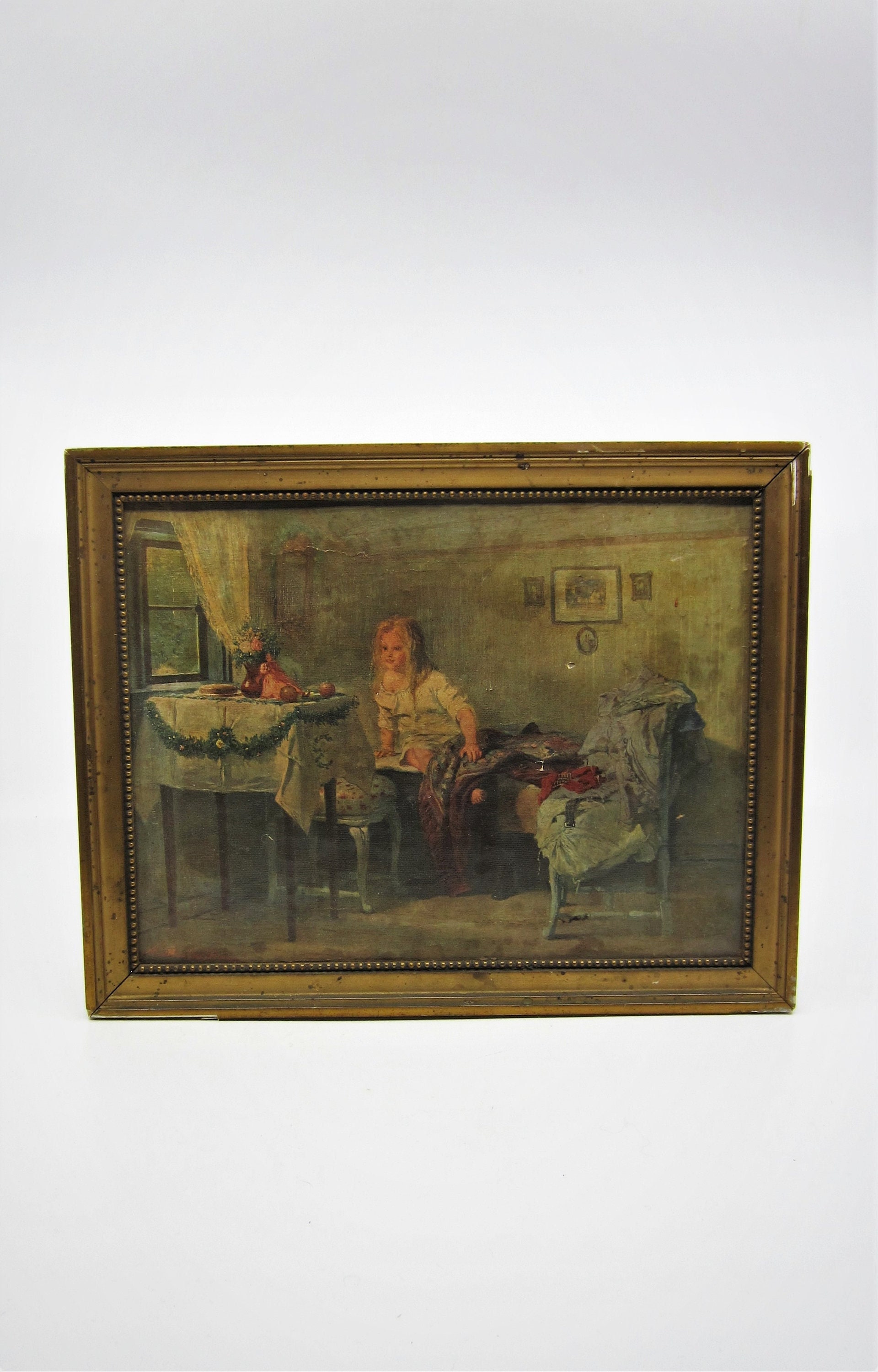 Antique / vintage Swedish oleograph on canvas "Birthday morning" after painting by August Malmström Victorian wall ornament Charming picture