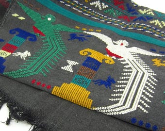 Vintage Guatemalan large wall hanging or decorative cloth Quetzal birds & people motif Ethnic rug Folk art tapestry Nature inspired textile
