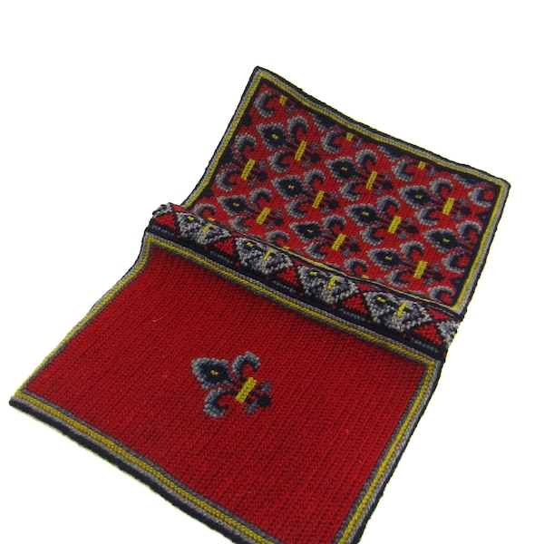 Vintage Swedish hand woven / knitted woolen slip-on book cover Fleur-de-lis decor Heraldic pattern Tapestry accessory Scandinavian weaving