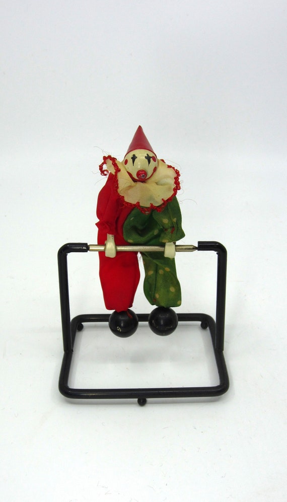 Ancien Jouet Mécanique Clown Acrobate Trapéziste - Fer Et Tissu, Vintage