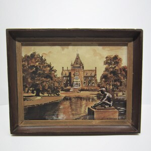 Vintage Swedish watercolor & gouache on toned paper painting Trollenäs castle with a male statue Eva Rååberg 1941 Scandinavian original art