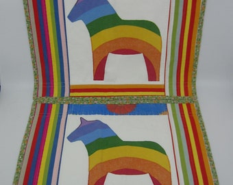 Pair of vintage Swedish handmade decorative linens with Dala horses in Rainbow colors Scandinavian design Fun cute hand crafted gift Sweden